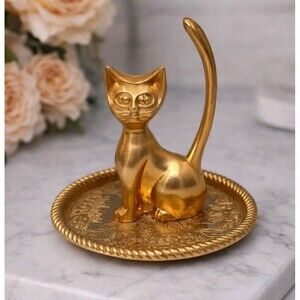 Vintage Brass Cat Ring Holder 3.5” Gold Tone Kitty Jewelry Trinket Dish MCM